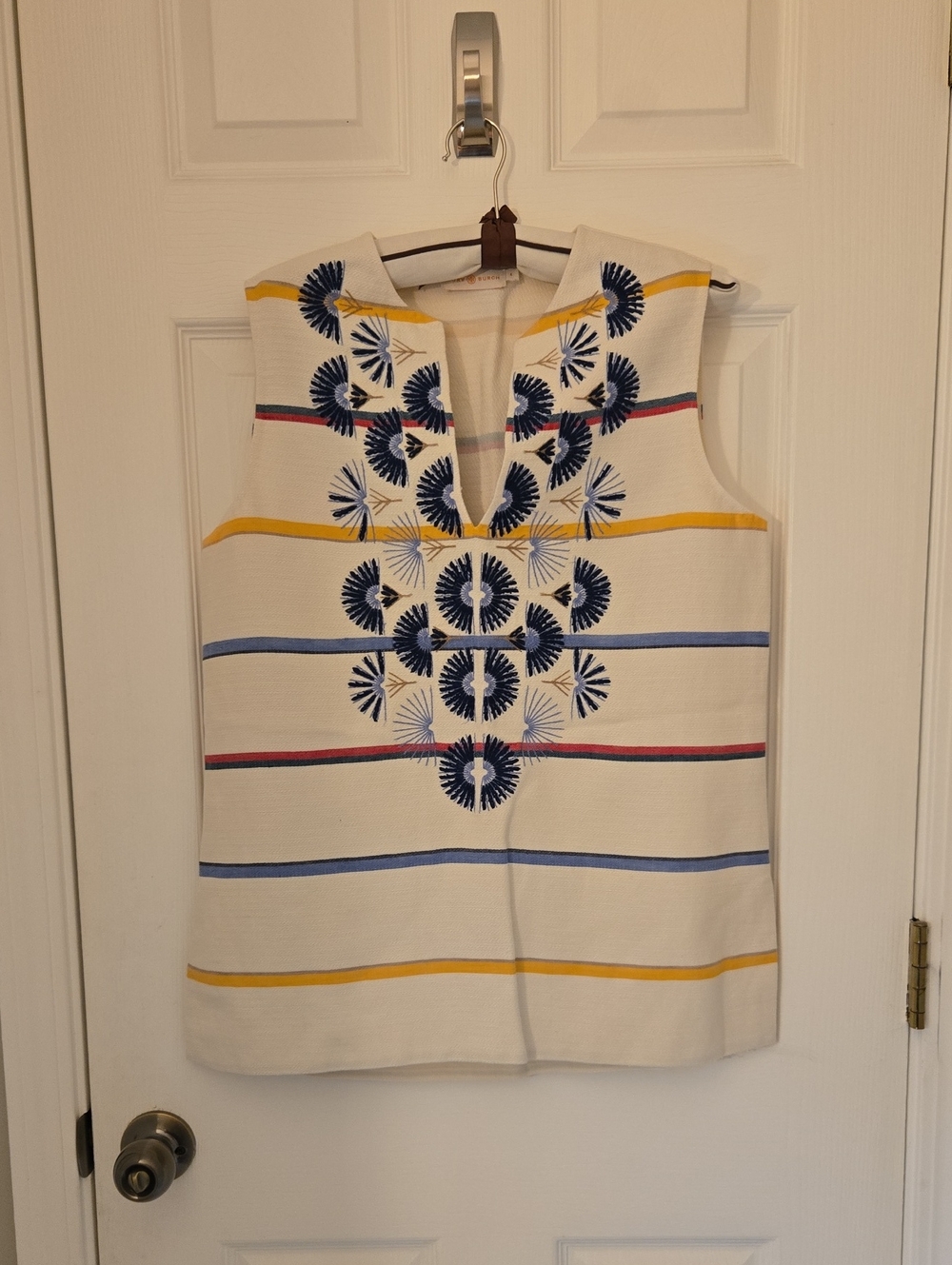 Tory Burch Cream Embroidered Striped Sleeveless Top
